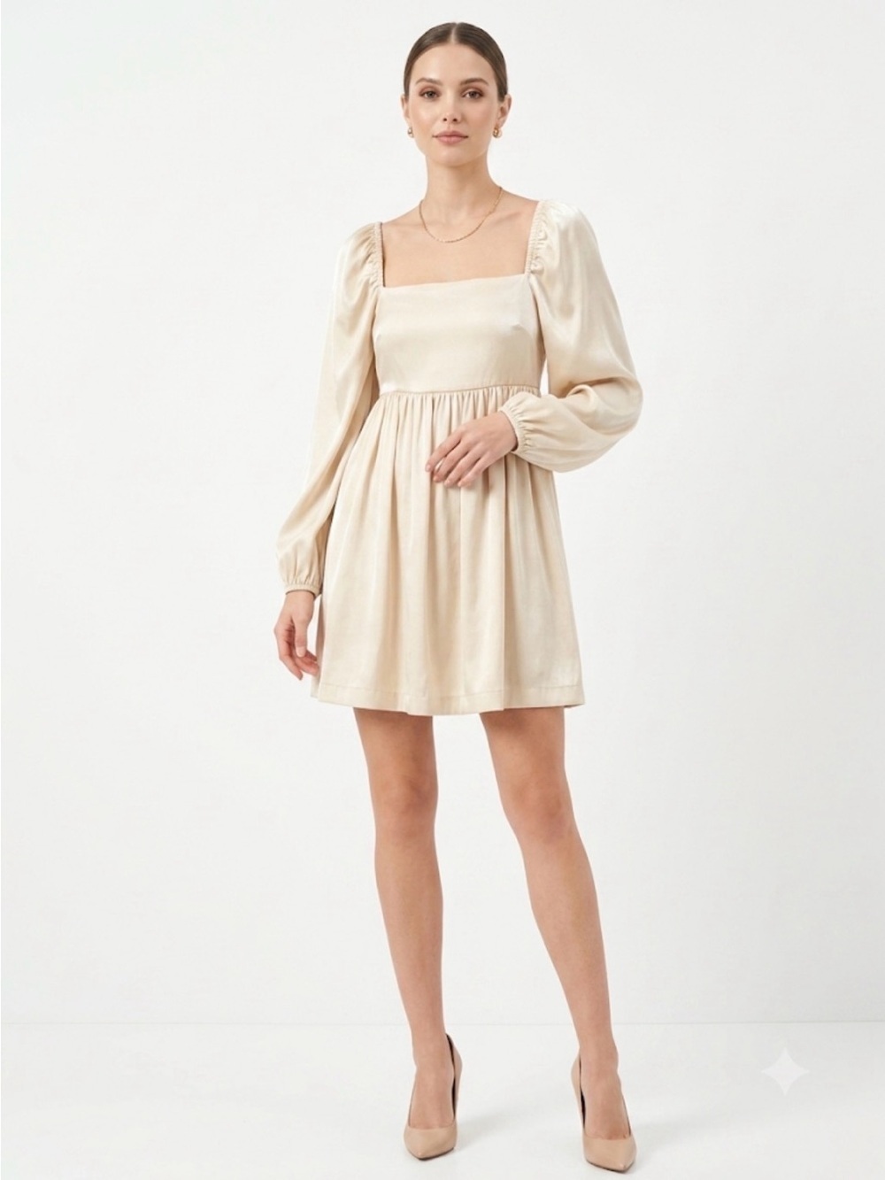 Lalavon Puff Sleeve Metallic Mini Dress Shimmer Square Neck Size M